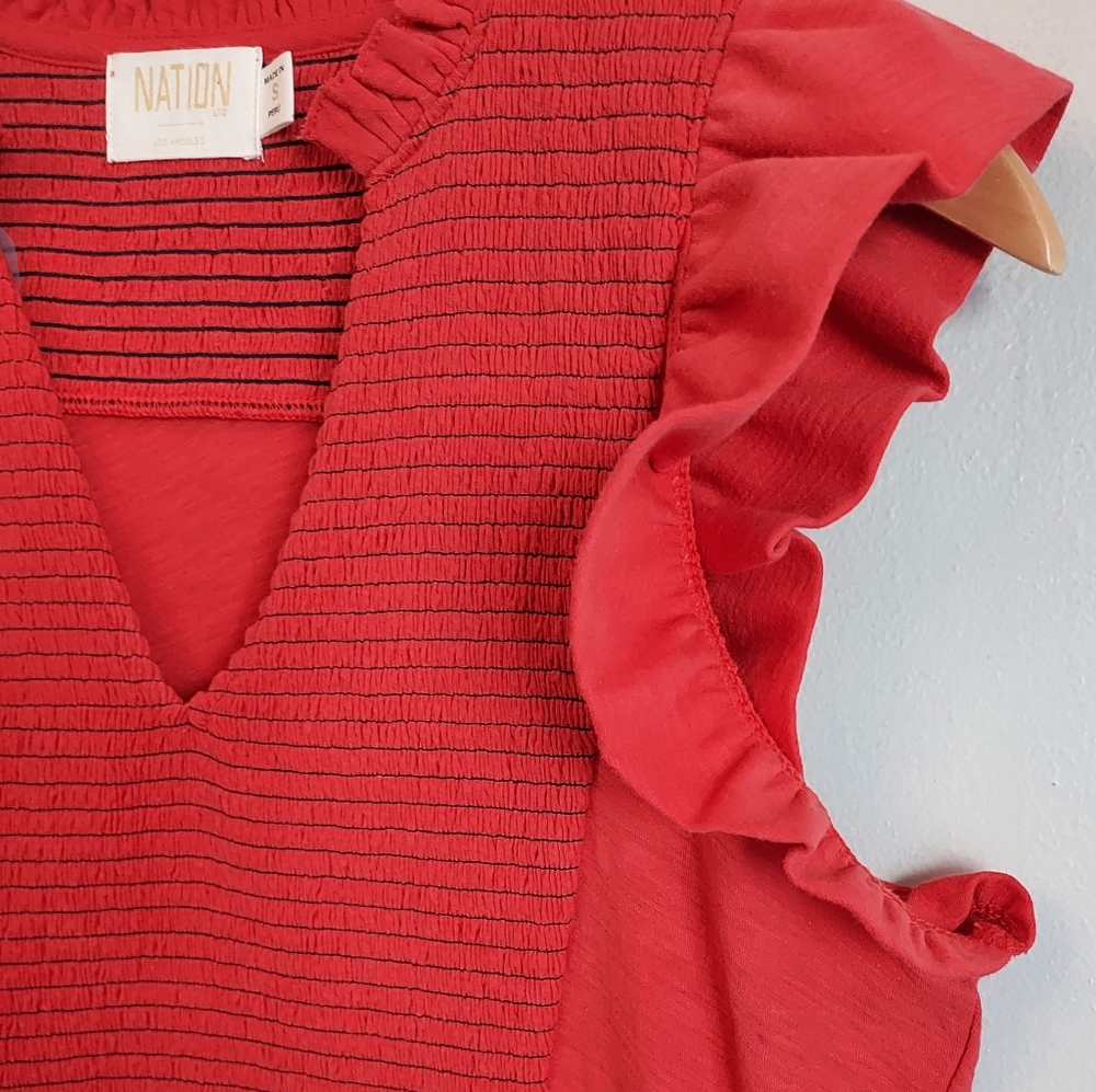 Nation LTD Habida Rouge Red Smocked Flutter Sleeve Top Size Small - Picture 4 of 11